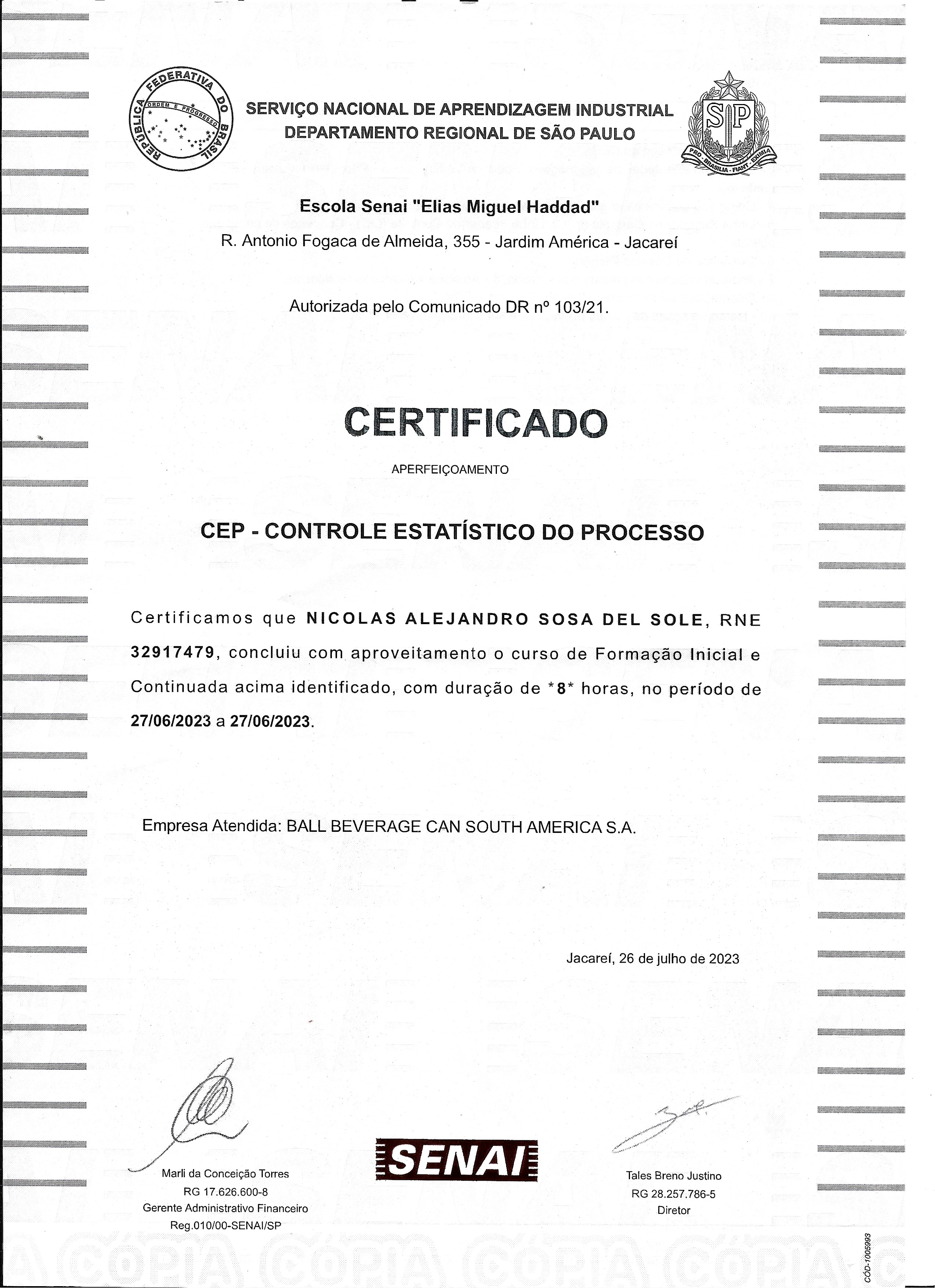 Certificado CEP SENAI