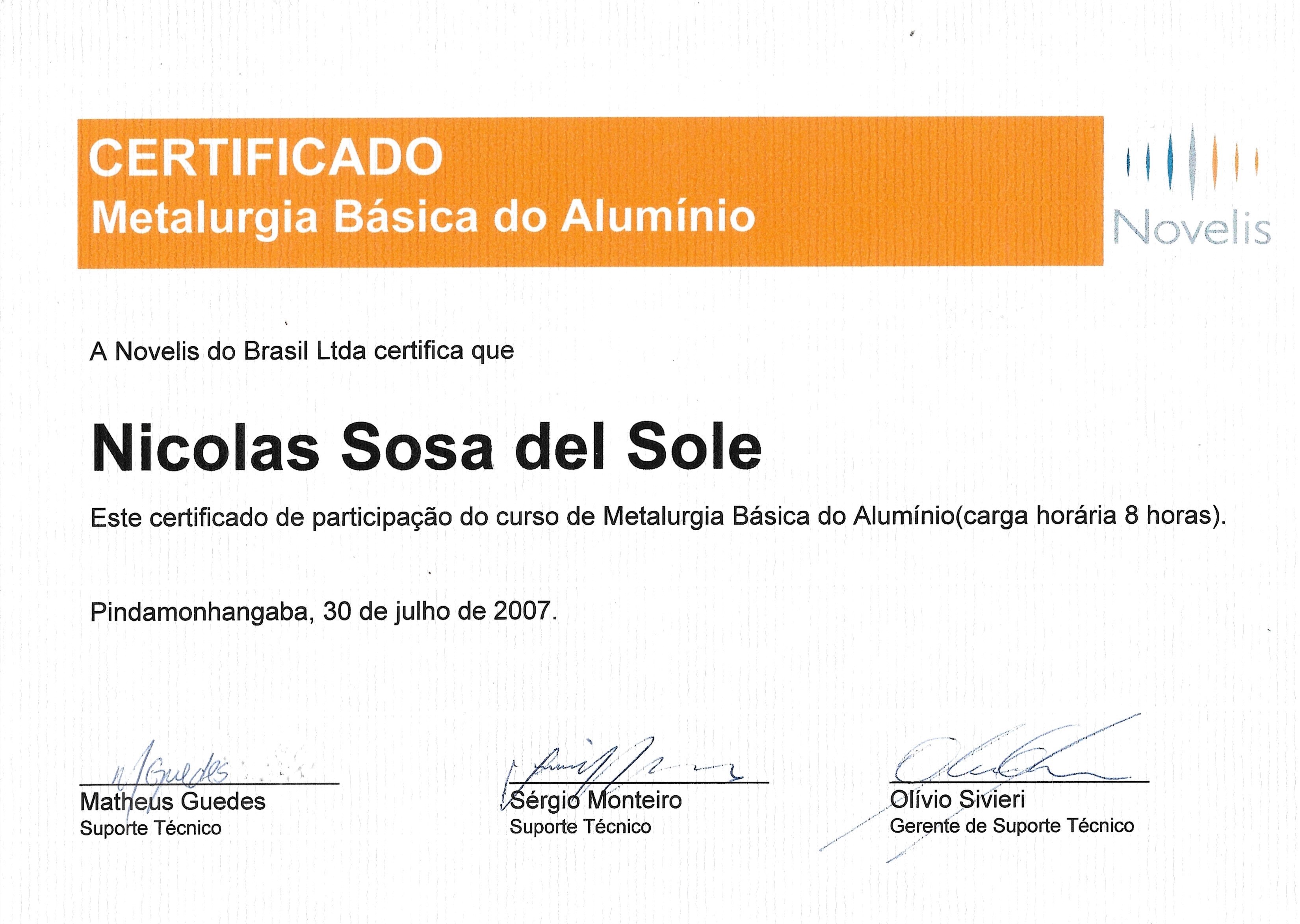 Certificado Metalurgía Básica do Alumínio